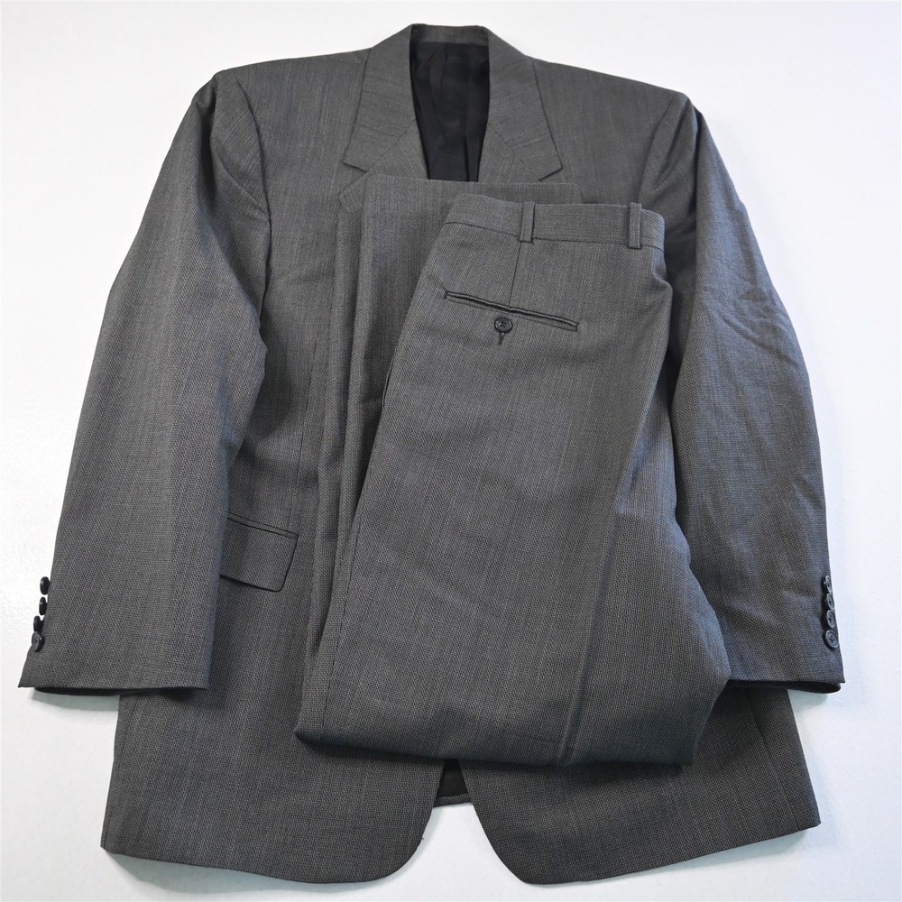 Vtg 90s‎ USA Made 40R 34x30 Gray Basketweave 100% Wool Mens Jacket Pants Suit